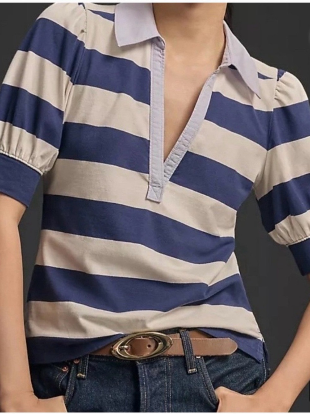 Maeve Anthropologie striped puff sleeves polo top XS blue white cotton stretch
